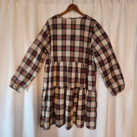 Cupshe Womens XL Plaid Tiered Flounce Mini Dress V neck‎ Black Red White - Picture 2 of 9